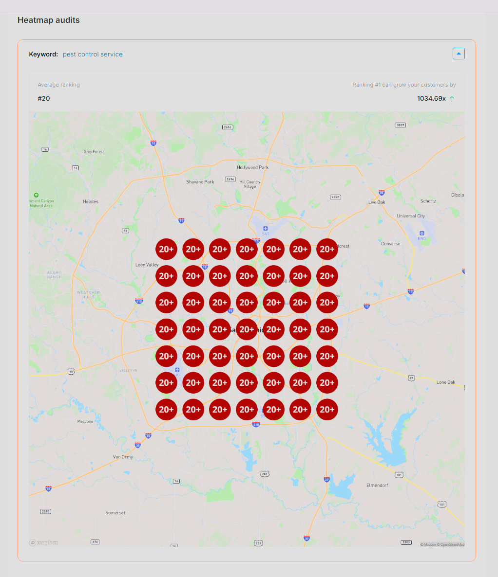 Sample heatmap for the keyword pest control service: average ranking #20, with every map point showing 20+.