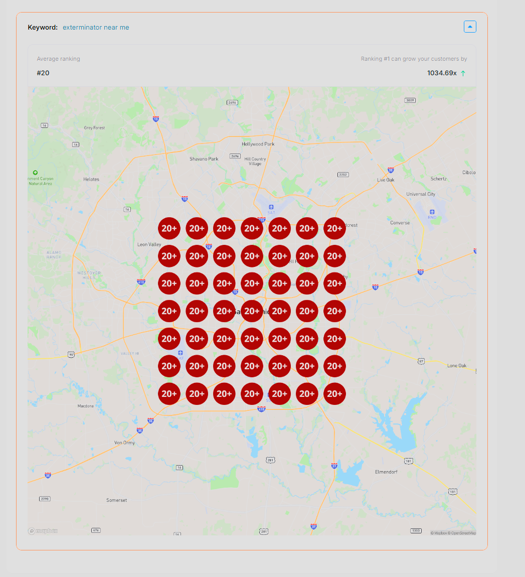 Sample heatmap for the keyword exterminator near me: average ranking #20, with every map point showing 20+.