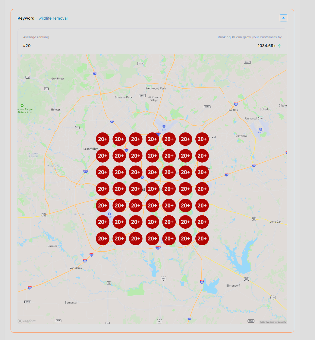 Sample heatmap for the keyword wildlife removal: average ranking #20, with every map point showing 20+.
