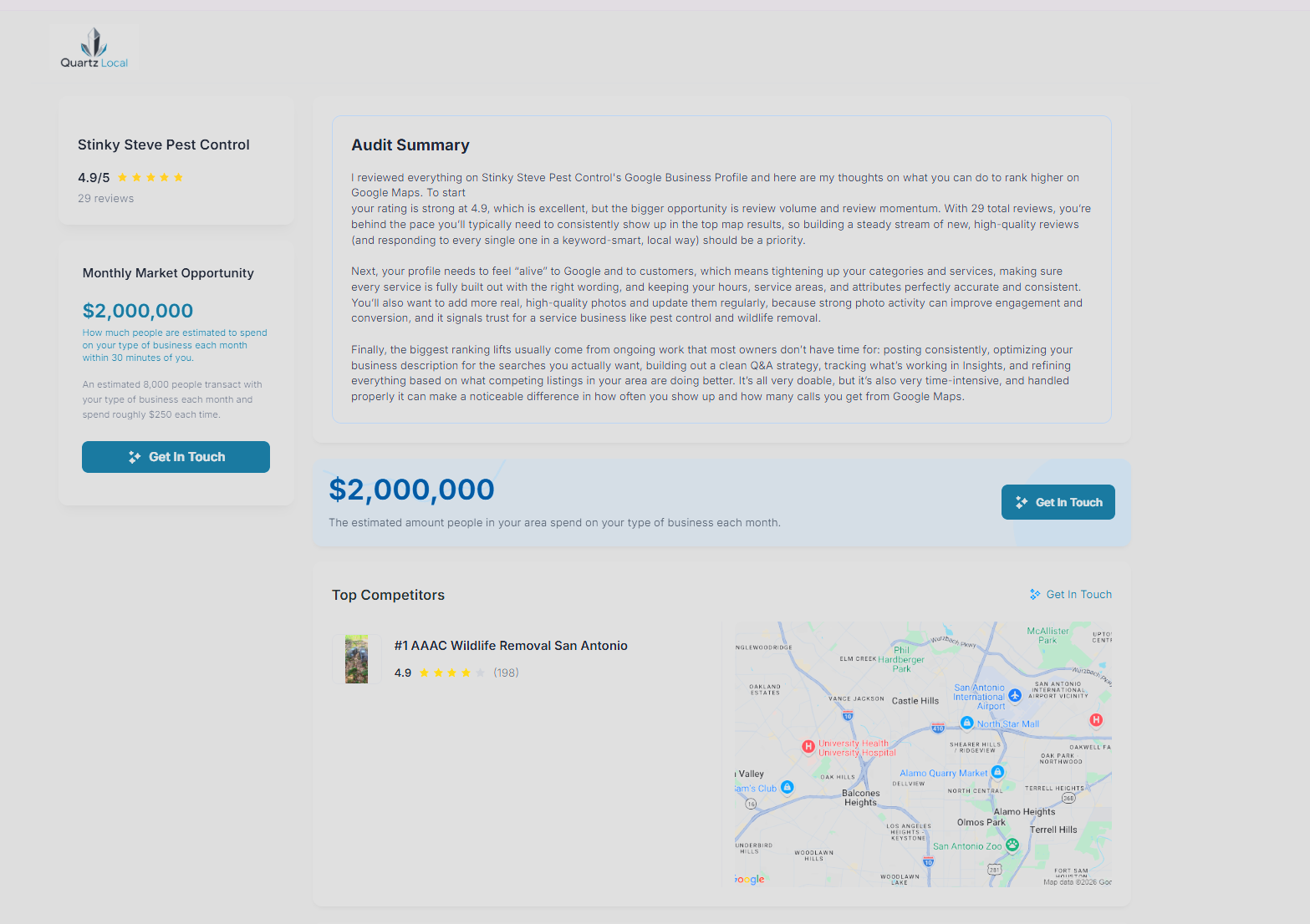 Sample audit report overview for Stinky Steve Pest Control: 4.9 rating from 29 reviews, monthly market opportunity estimate, written audit summary, and top competitor with map.